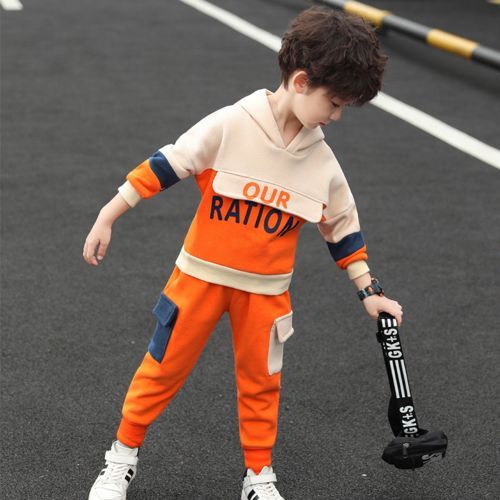 Kids Clothes Boys' Hooded Sweater Pants Suits Two-piece Orange Sets