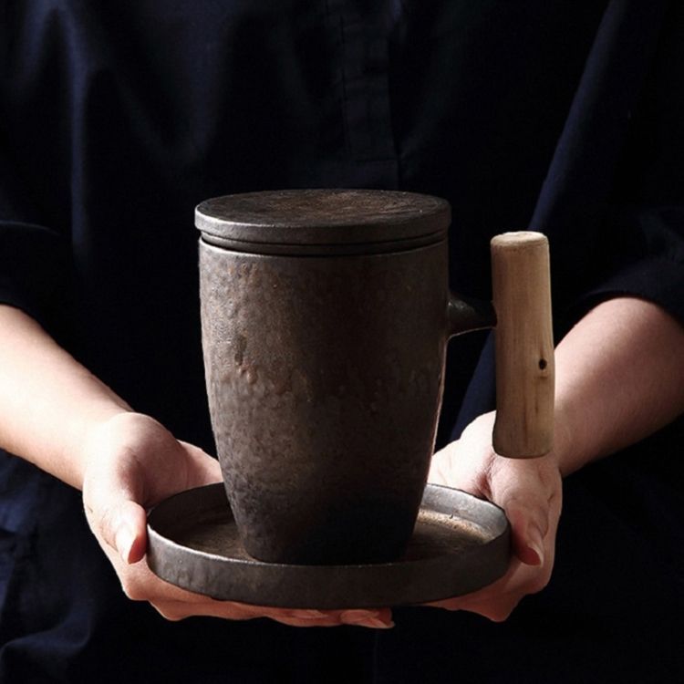 Teacups Cup, Style:007 Wooden Handle Three-piece Set + Small Disc