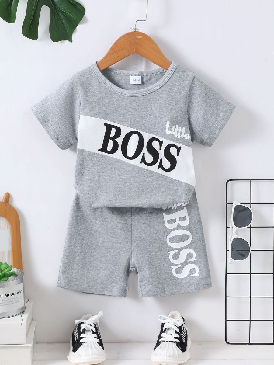 2PCS Clothes Set Kid Boy Letter Boss T-shirt+ Grey Shorts