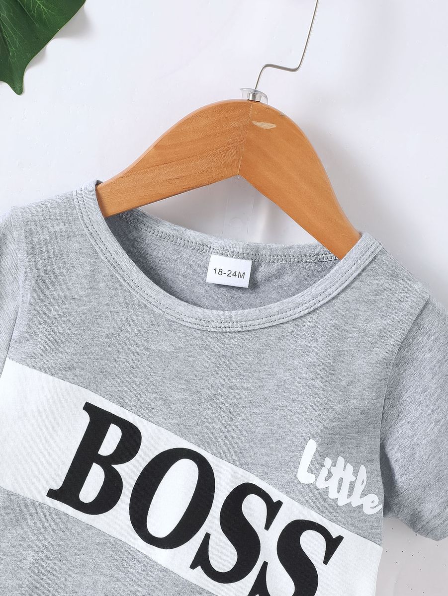 2PCS Clothes Set Kid Boy Letter Boss T-shirt+ Grey Shorts