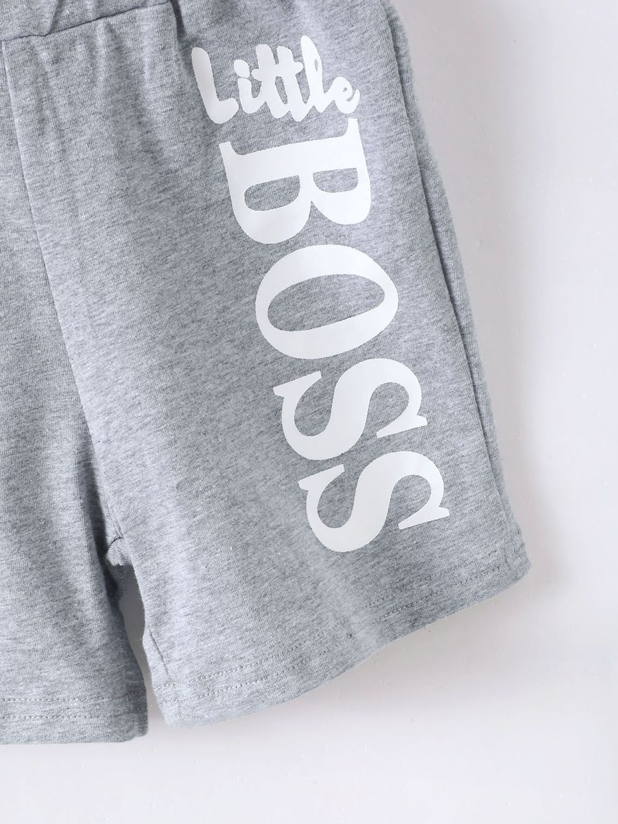 2PCS Clothes Set Kid Boy Letter Boss T-shirt+ Grey Shorts