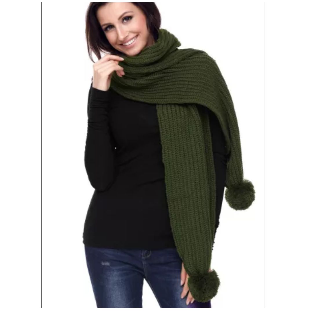 Mfed Green Pom Pom Ribbed Knit Scarf
