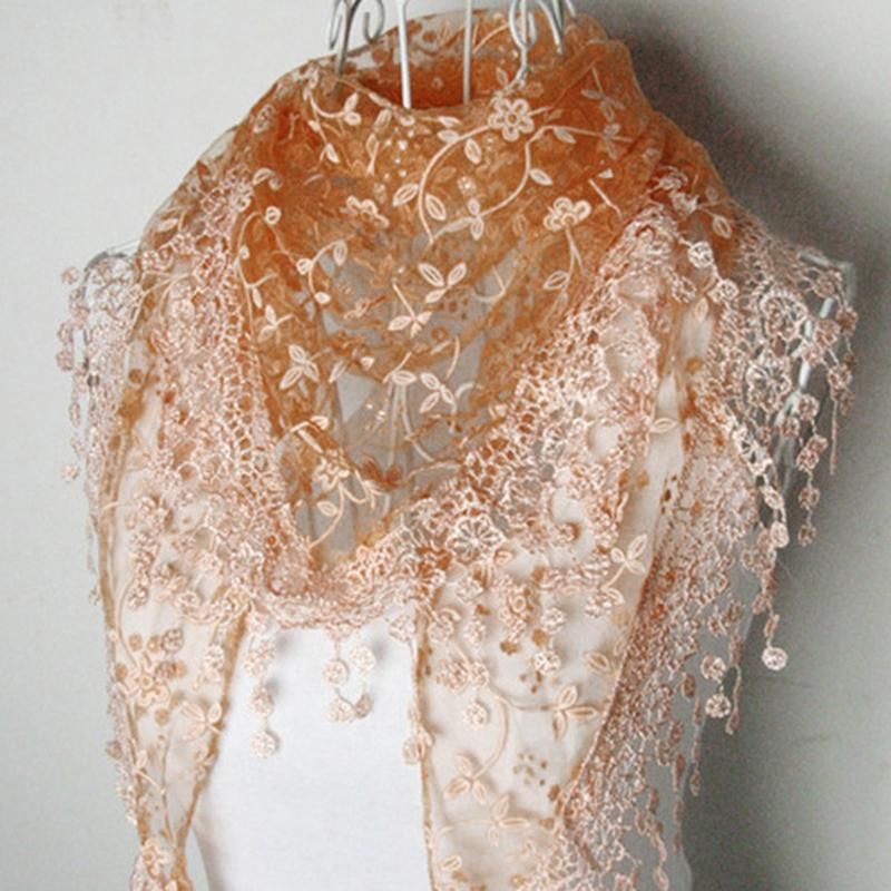 Elegant Triangle Floral Lace Wrap Scarf Women Tassel-Coffee