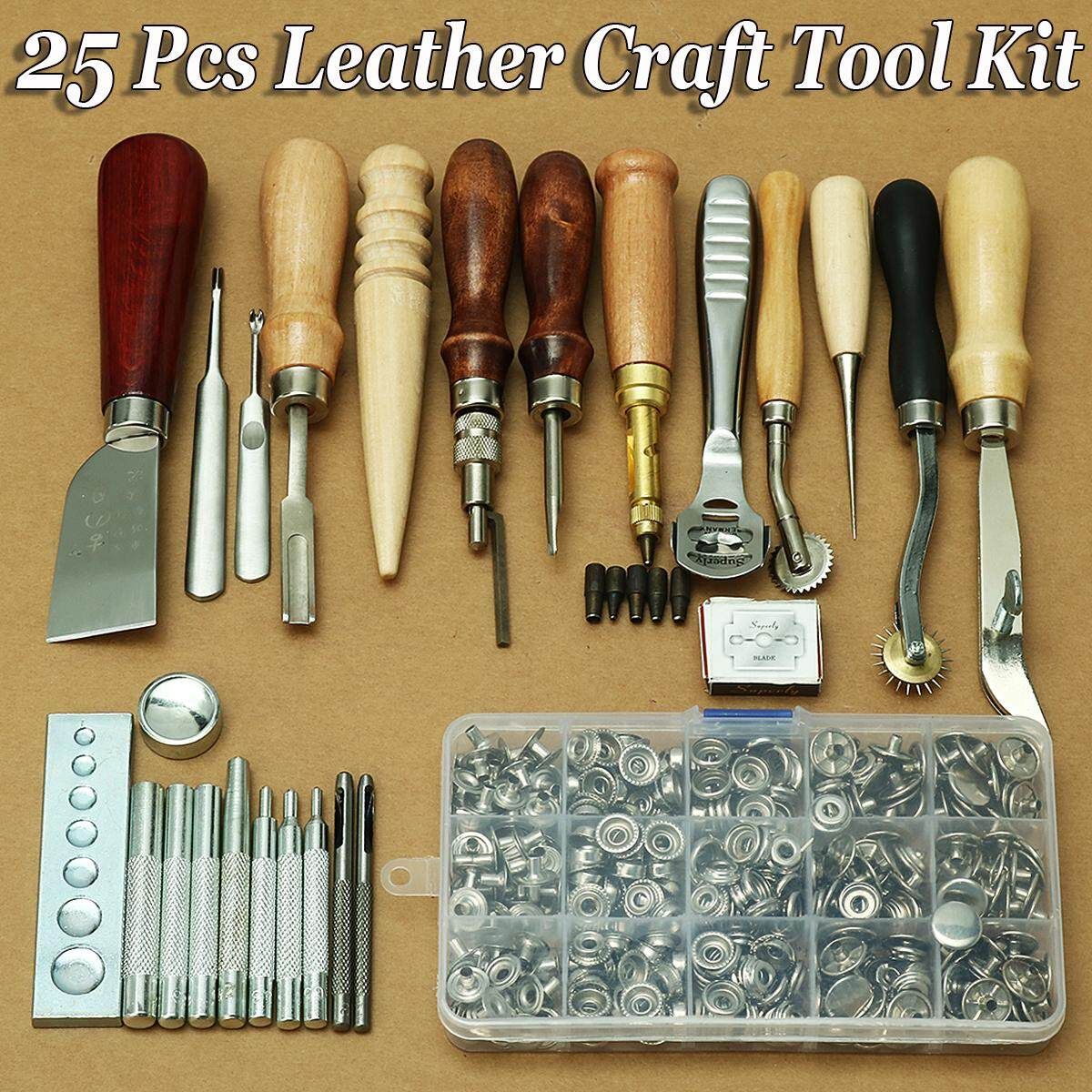25 Pcs Leather Craft Tool Kit Hand Sewing Stitching Punch Carving Work Groover