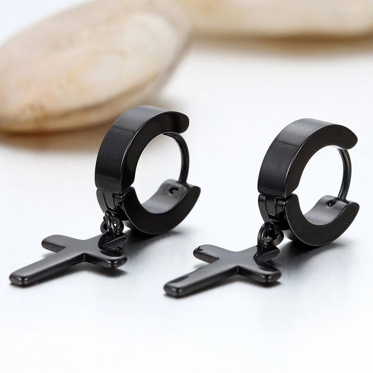 1 Pair Ear Dangle Cross Pendant Eco-friendly Stainless Steel Huggie Hinged Hoop Earrings For Men-Silver