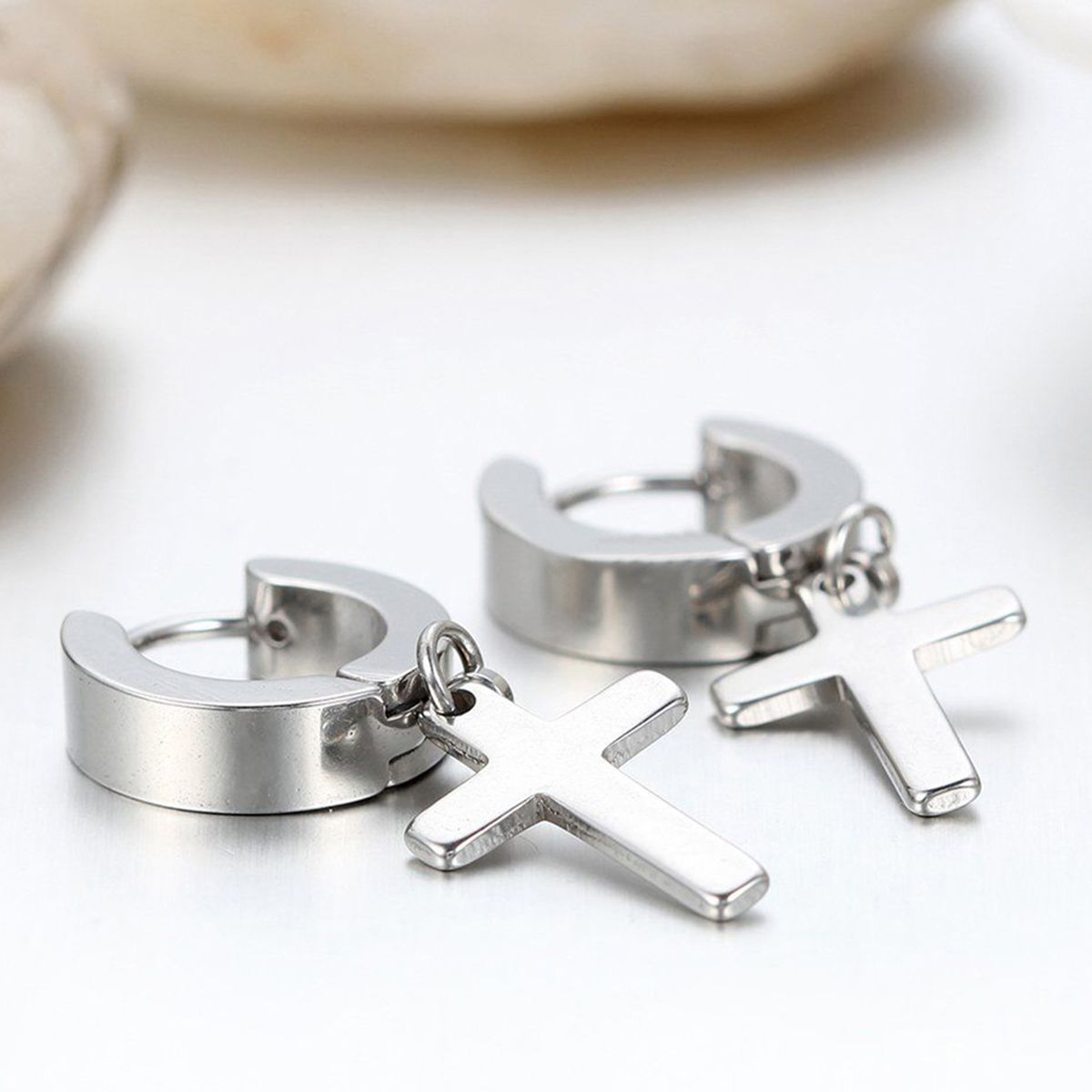 1 Pair Ear Dangle Cross Pendant Eco-friendly Stainless Steel Huggie Hinged Hoop Earrings For Men-Silver