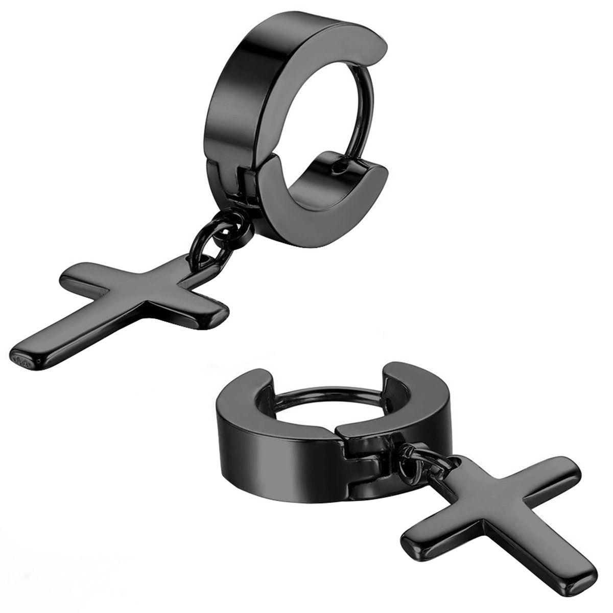 1 Pair Ear Dangle Cross Pendant Eco-friendly Stainless Steel Huggie Hinged Hoop Earrings For Men-Silver