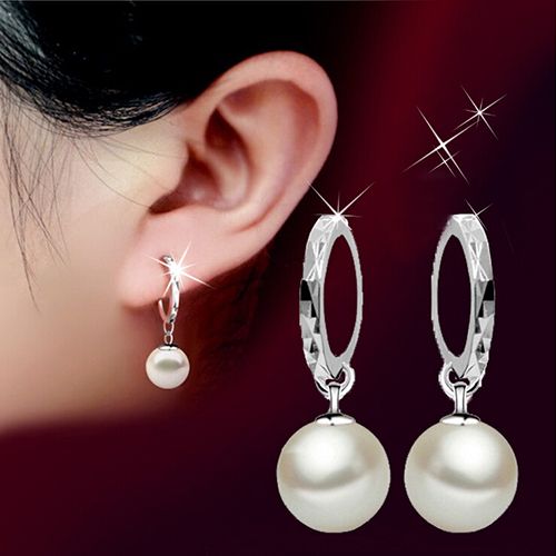 Women\'s Elegant Faux Pearl Dangle Eardrop Ear Hoop Earrings Jewelry Charm