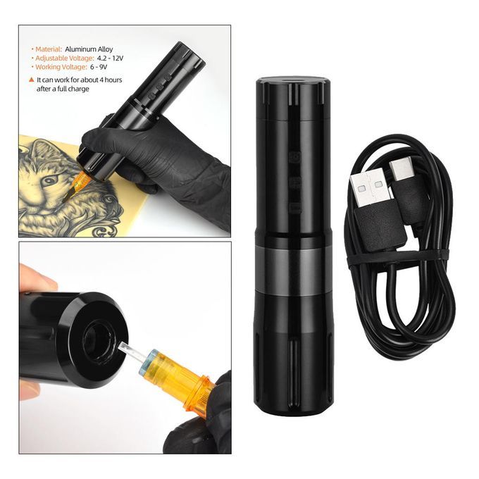 Portable Cordless Tattoo Machine Pen USB LED Digital Display  Black