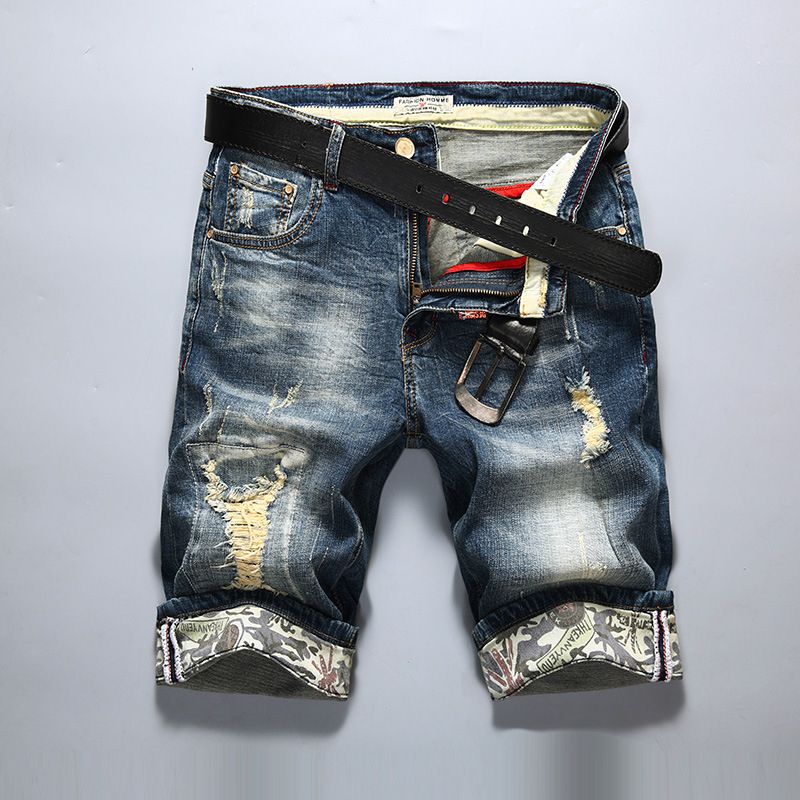 High Quality Men's Denim Shorts Ripped Five-point Pants - Blue