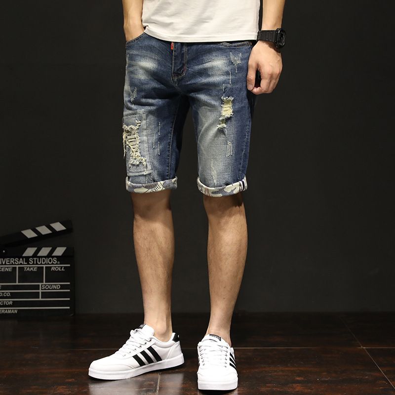 High Quality Men's Denim Shorts Ripped Five-point Pants - Blue