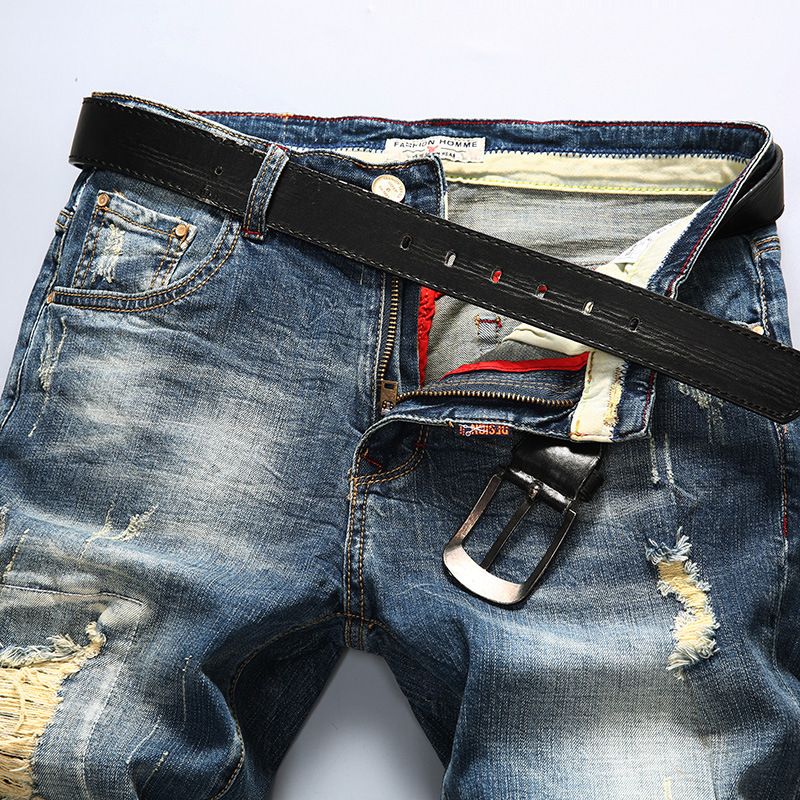 High Quality Men's Denim Shorts Ripped Five-point Pants - Blue