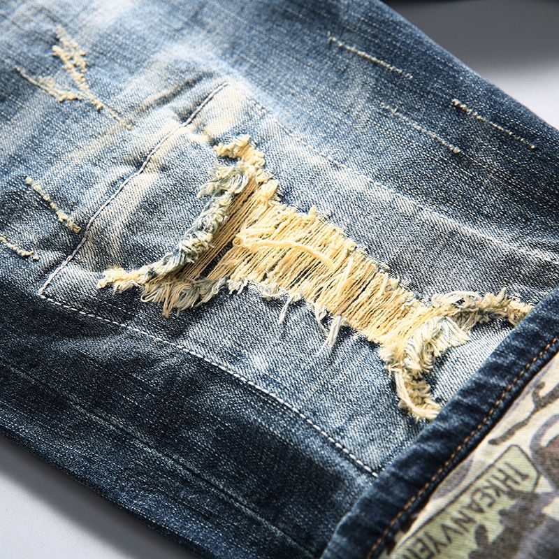 High Quality Men's Denim Shorts Ripped Five-point Pants - Blue