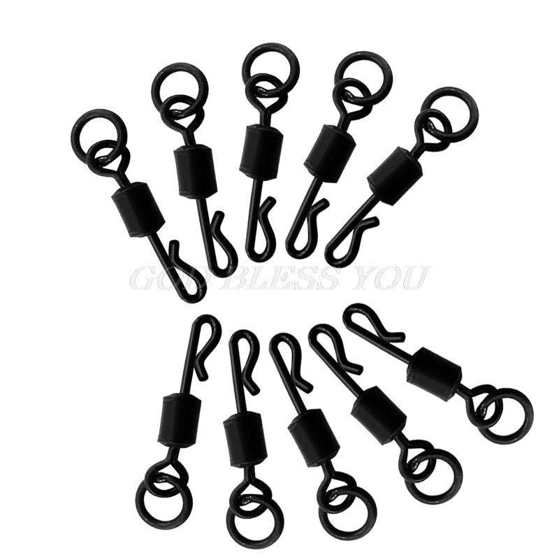 20Pcs Matte Black Rolling Quick Change Swivels With Solid Ring Carp Rigs Long Body Q-shaped Swing Snap Carp Fishing Accessories