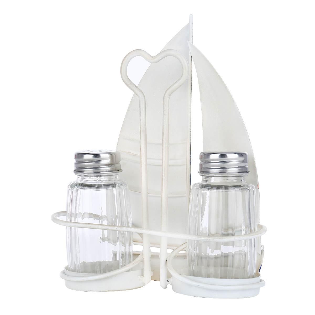 Tooarts Sailing Boat Condiment Rack Sauce and Pepper Bottle Storage Iron Holder Handy Table Organizer Kitchen Decoration Contains Two Glass Bottles
