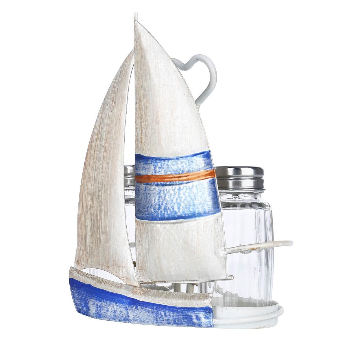 Tooarts Sailing Boat Condiment Rack Sauce and Pepper Bottle Storage Iron Holder Handy Table Organizer Kitchen Decoration Contains Two Glass Bottles