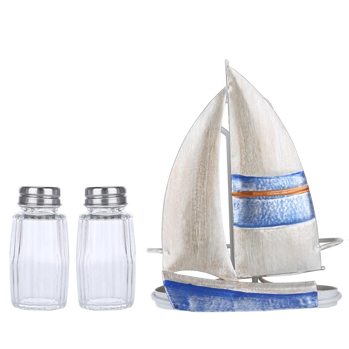 Tooarts Sailing Boat Condiment Rack Sauce and Pepper Bottle Storage Iron Holder Handy Table Organizer Kitchen Decoration Contains Two Glass Bottles
