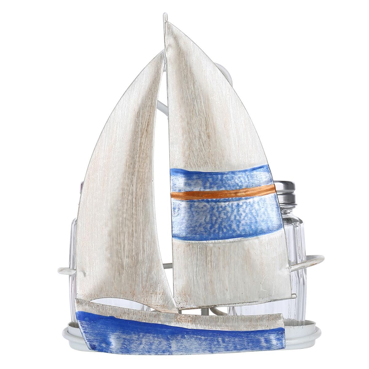 Tooarts Sailing Boat Condiment Rack Sauce and Pepper Bottle Storage Iron Holder Handy Table Organizer Kitchen Decoration Contains Two Glass Bottles
