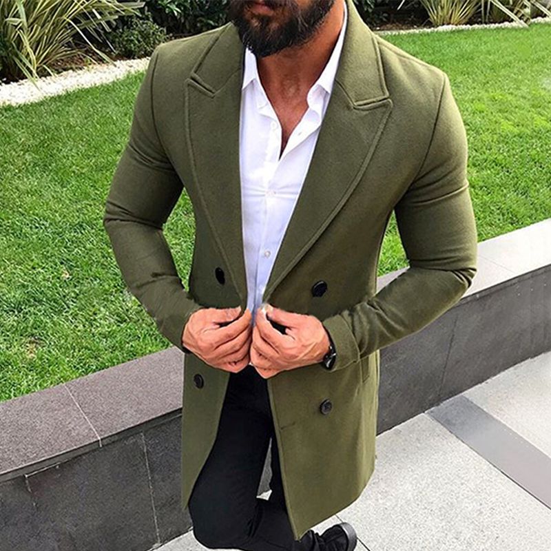 Men Double-breasted Lapel Long Trench Woolen Slim Coat