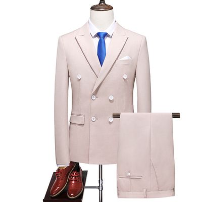 (beige)2022 Spring And Autumn New Men's Slassic Pure Color Suit Two-Piece Business Casual Double Breasted Large Size High Quality Suit RA