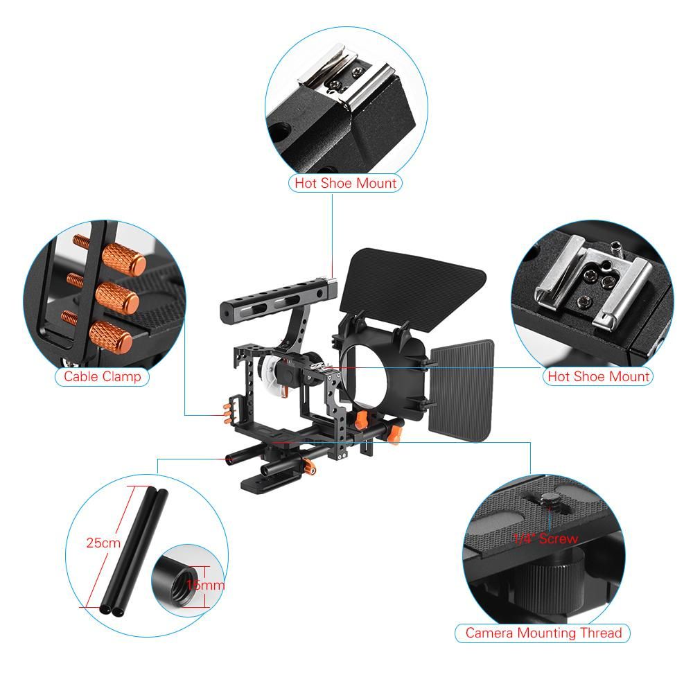 Andoer C500 Aluminum Alloy Camera Camcorder Video Cage Rig Kit Film Making System w/ Matte Box + Follow Focus + Handle + 15mm Rod for Panasonic GH4 Replacement for Sony A7S/A7/A7R/A7RII/A7SII/A7IV ILDC Mirrorless Camera