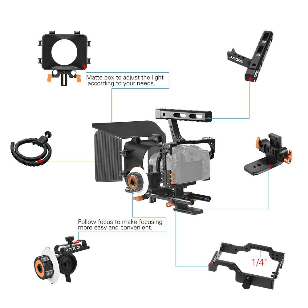 Andoer C500 Aluminum Alloy Camera Camcorder Video Cage Rig Kit Film Making System w/ Matte Box + Follow Focus + Handle + 15mm Rod for Panasonic GH4 Replacement for Sony A7S/A7/A7R/A7RII/A7SII/A7IV ILDC Mirrorless Camera