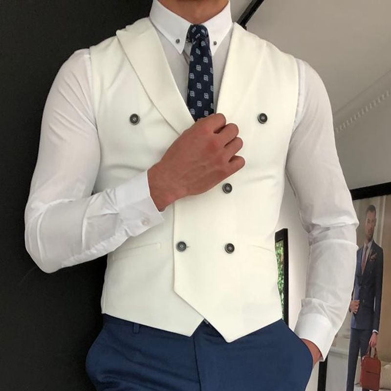 (white)2022 White Slim Fit Men Vest With Double Breasted One Piece Custom Male Suit Wasitcoat Peaked Lapel Wedding Gromsmen Waist Coat ACU