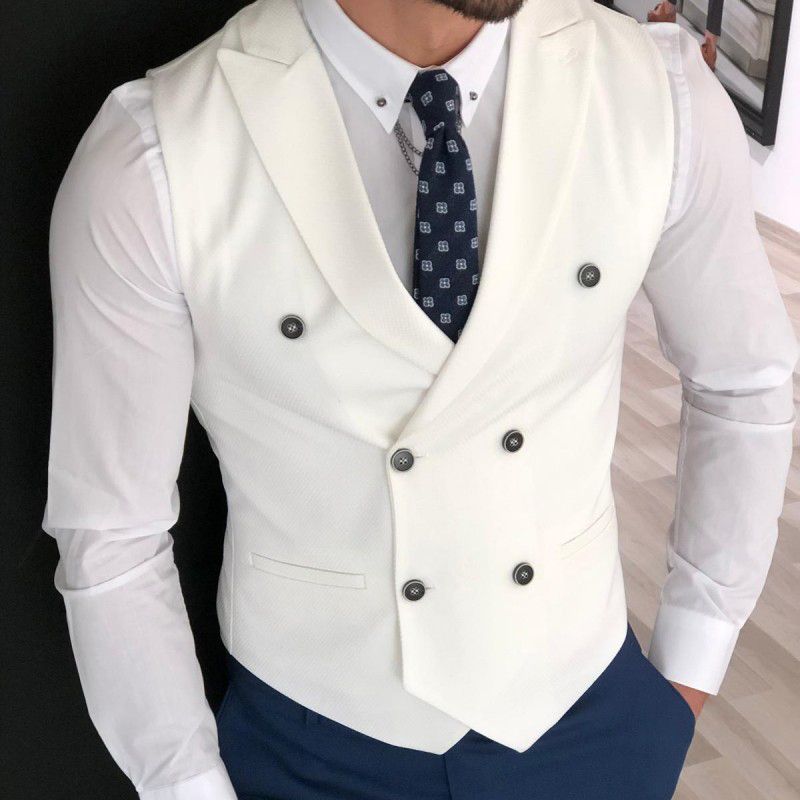 (white)2022 White Slim Fit Men Vest With Double Breasted One Piece Custom Male Suit Wasitcoat Peaked Lapel Wedding Gromsmen Waist Coat ACU
