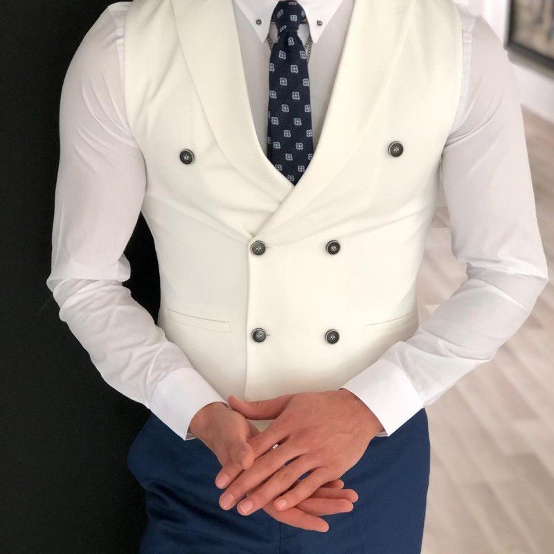 (white)2022 White Slim Fit Men Vest With Double Breasted One Piece Custom Male Suit Wasitcoat Peaked Lapel Wedding Gromsmen Waist Coat ACU