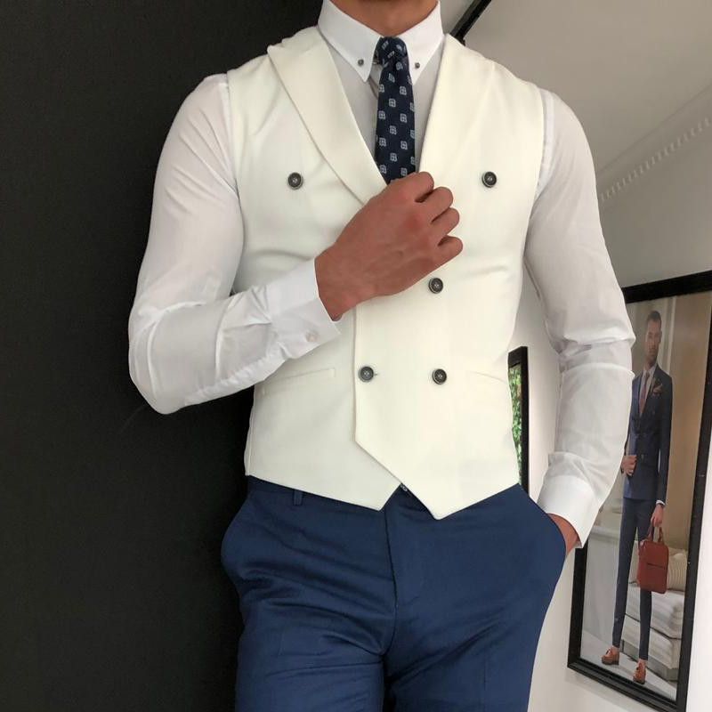 (white)2022 White Slim Fit Men Vest With Double Breasted One Piece Custom Male Suit Wasitcoat Peaked Lapel Wedding Gromsmen Waist Coat ACU
