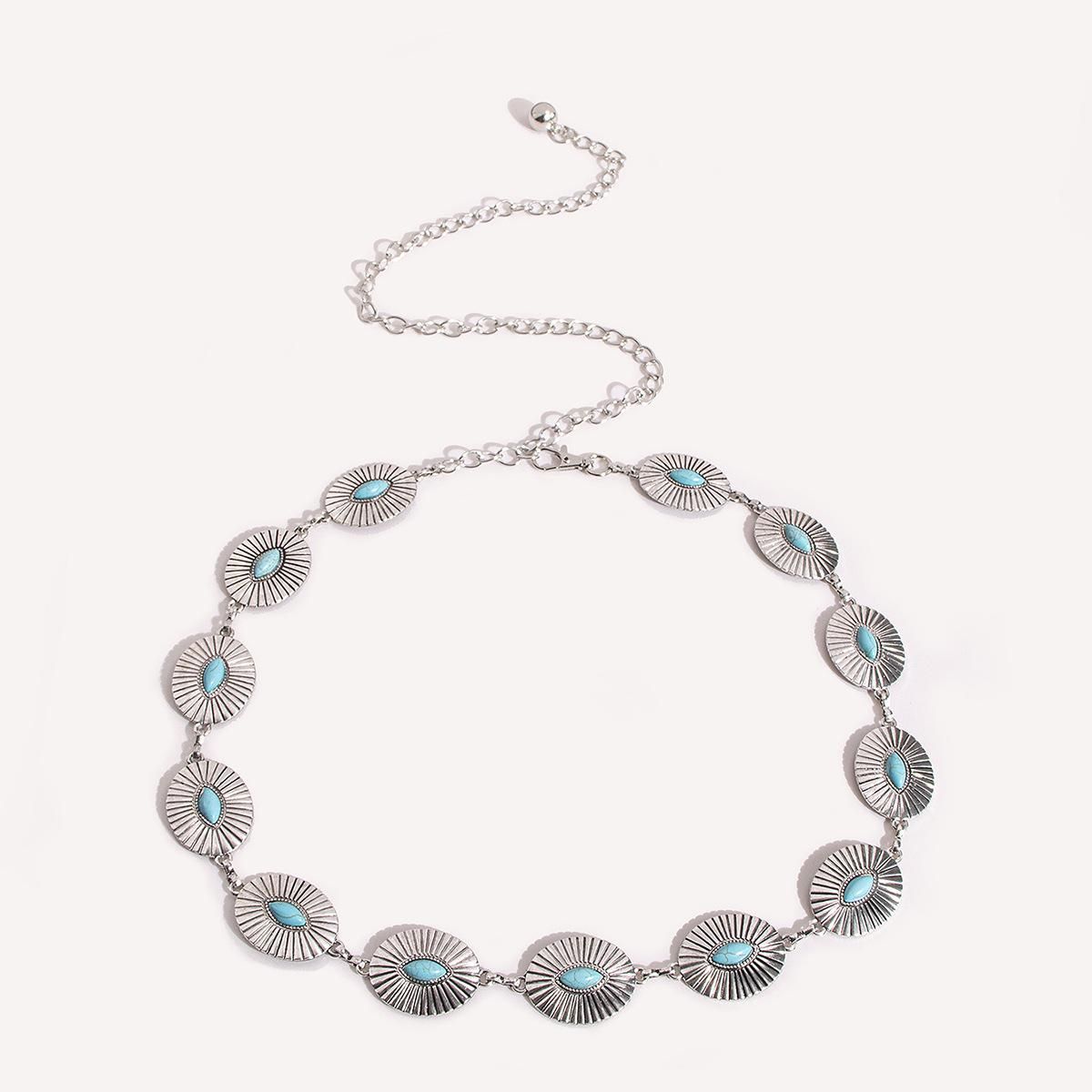 New Women's Turquoise Geometric Fashion Elegant Retro Metal Waist Chain Eyes Turquoise Waist Chain
