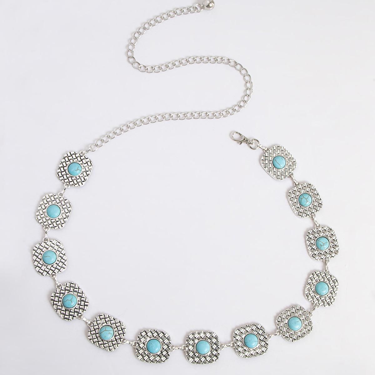 New Women's Turquoise Geometric Fashion Elegant Retro Metal Waist Chain Eyes Turquoise Waist Chain