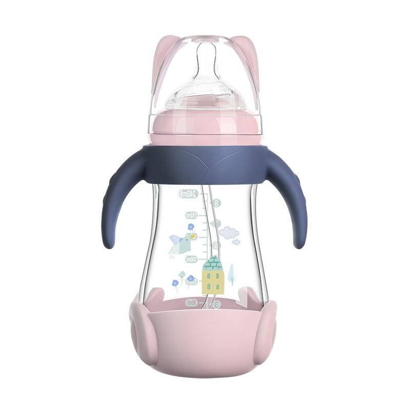 Newborn  feeding bottle wide caliber anti-fall anti-colic  feeding bottle with straw handle baby feeding bottle wholesale 240ML blue pink