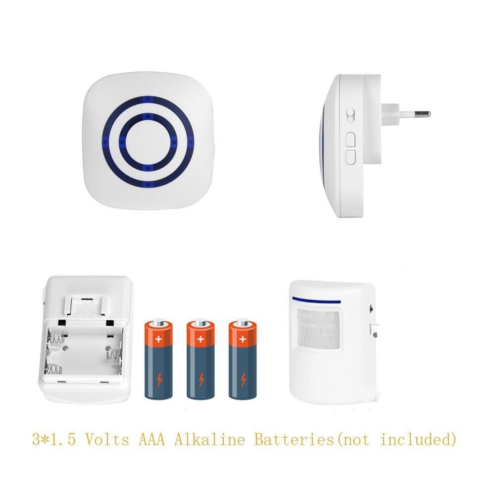 Door Chime,Wireless Business Door Motion Sensor Detector Smart Visitor doorbell Home Security Driveway Alarm with 1 Plug-in Receiver and 1 PIR Detector Weatherproof EU Plug white