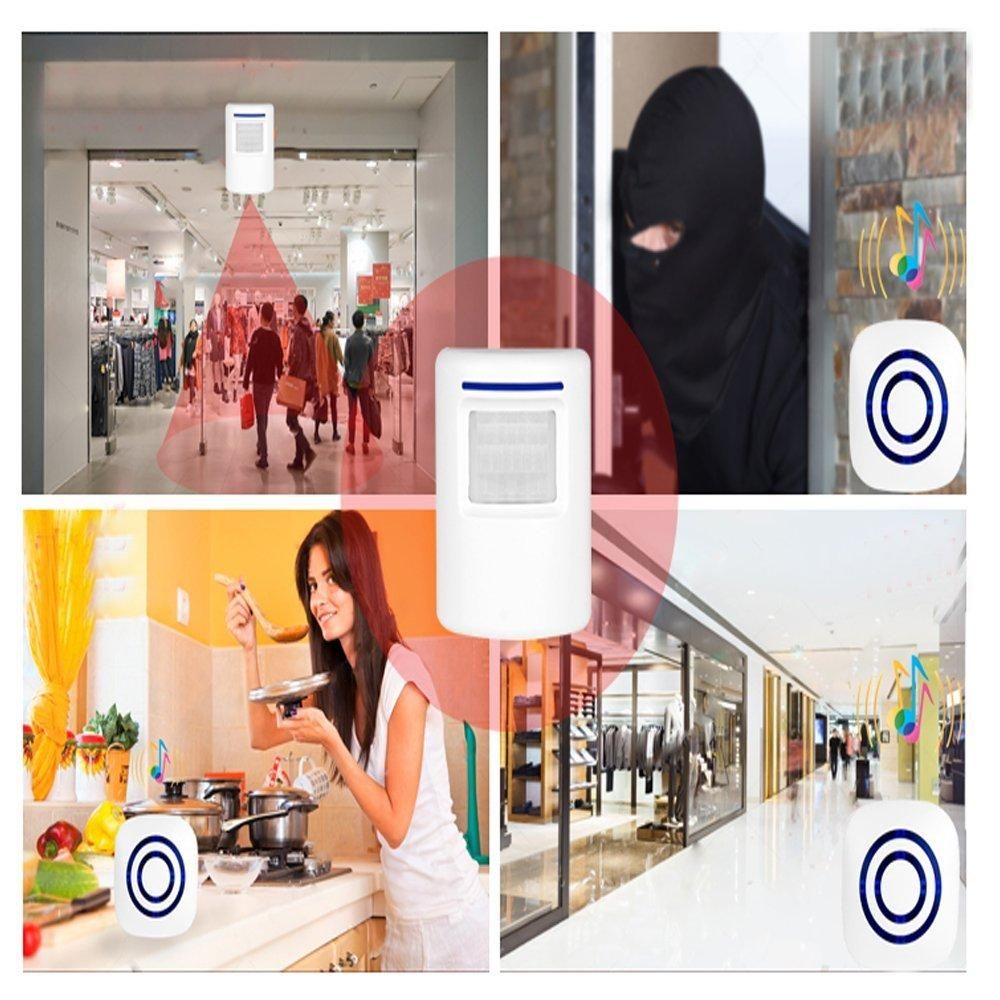 Door Chime,Wireless Business Door Motion Sensor Detector Smart Visitor doorbell Home Security Driveway Alarm with 1 Plug-in Receiver and 1 PIR Detector Weatherproof EU Plug white