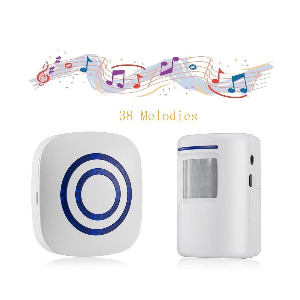 Door Chime,Wireless Business Door Motion Sensor Detector Smart Visitor doorbell Home Security Driveway Alarm with 1 Plug-in Receiver and 1 PIR Detector Weatherproof EU Plug white