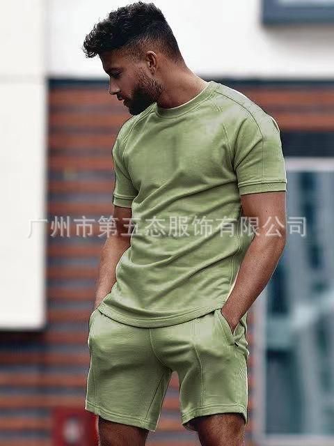 Foreign trade spring and summer new cross-border casual men's short-sleeved T-shirt sports suit men ArmyGreen XXL