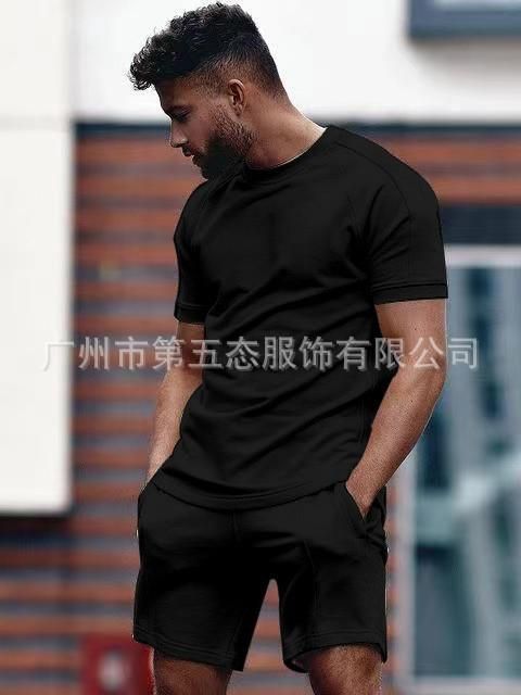 Foreign trade spring and summer new cross-border casual men's short-sleeved T-shirt sports suit men ArmyGreen XXL