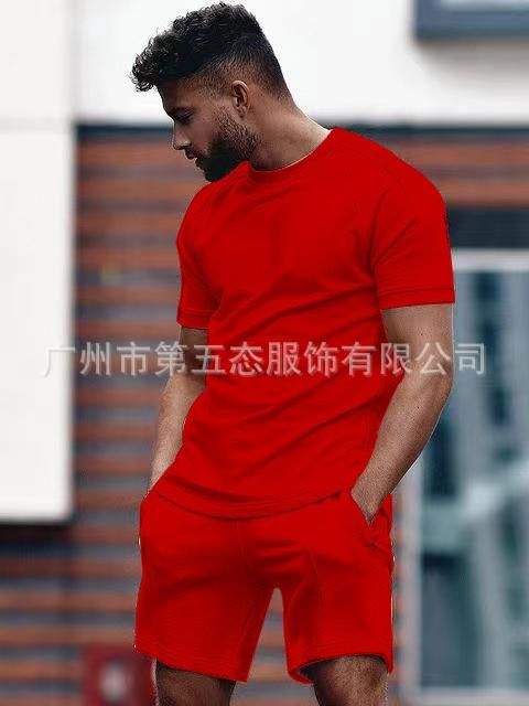 Foreign trade spring and summer new cross-border casual men's short-sleeved T-shirt sports suit men ArmyGreen XXL