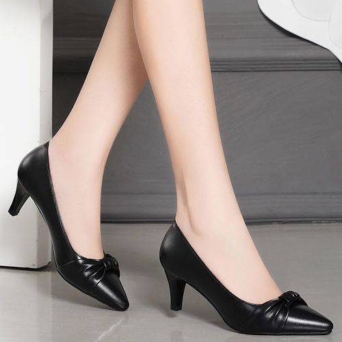 Office Ladies Leather Shoes Weddings High Heels -Black