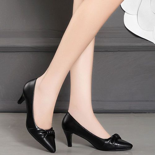 Office Ladies Leather Shoes Weddings High Heels -Black