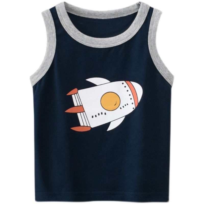 100% Cotton Kid Car Print Sleeveless Tank Tops-White