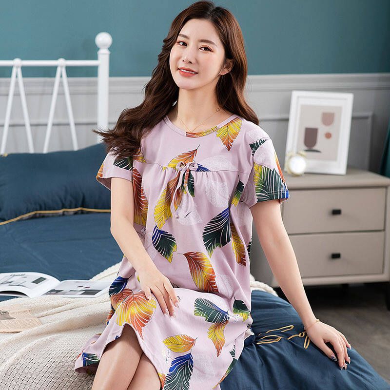 Mother Sleeping Skirt, Summer Short-sleeved Cotton Pajama