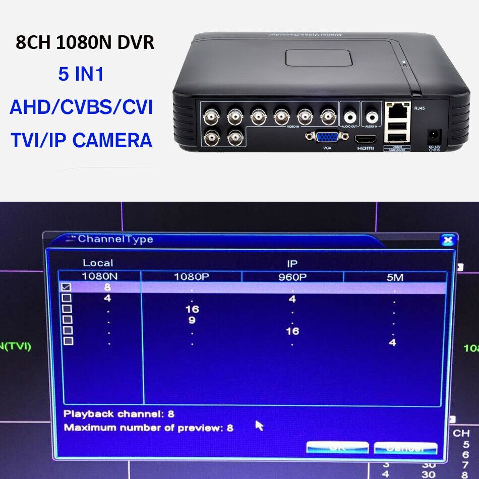 AHD DVR 1080N 4CH/8CH CCTV DVR CVI TVI NVR 5IN1 VGA HDMI H.264 Video Recorder 8CH