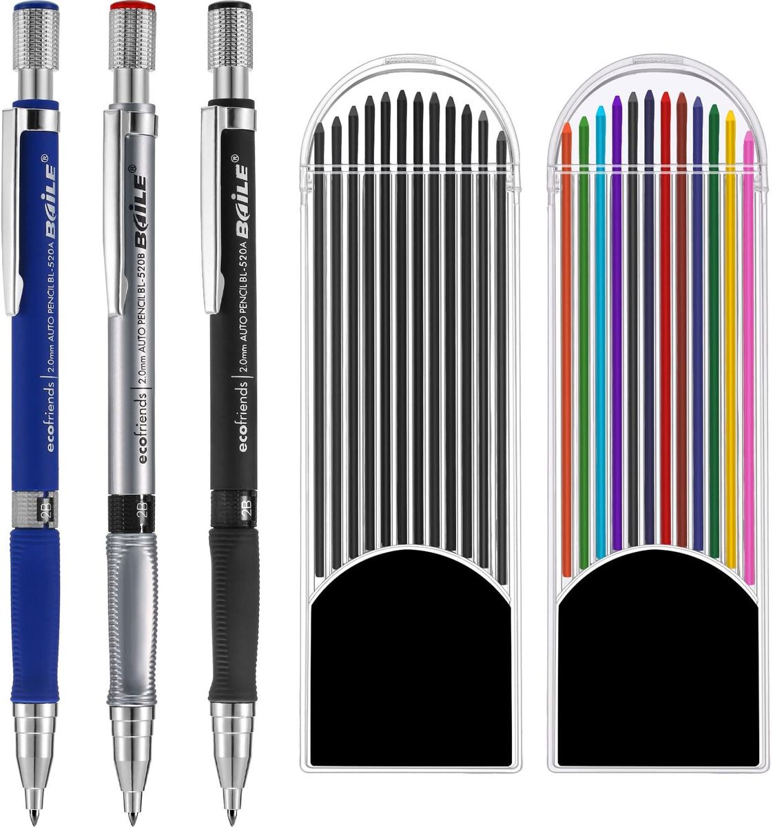 3pcs 2.0 Mm Mechanical Pencil With 2 Cases Lead Re