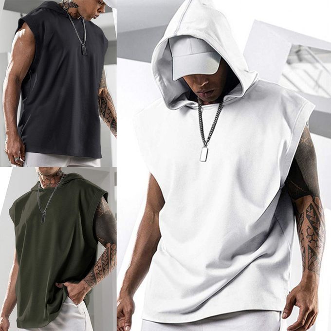 Men T-shirt Hooded Solid Color Summer Loose Sleeveless-White