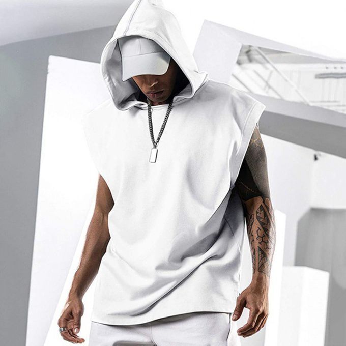 Men T-shirt Hooded Solid Color Summer Loose Sleeveless-White