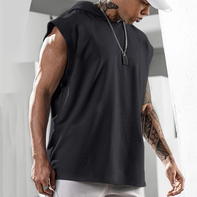 Men T-shirt Hooded Solid Color Summer Loose Sleeveless-White