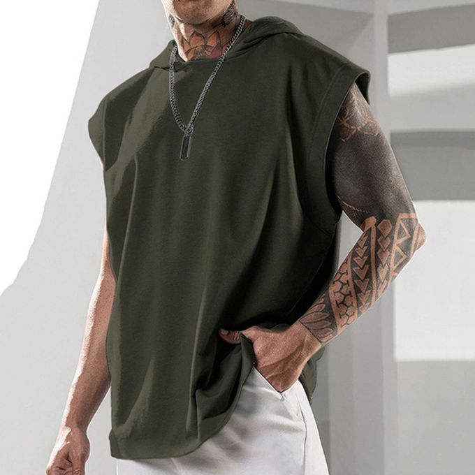 Men T-shirt Hooded Solid Color Summer Loose Sleeveless-White