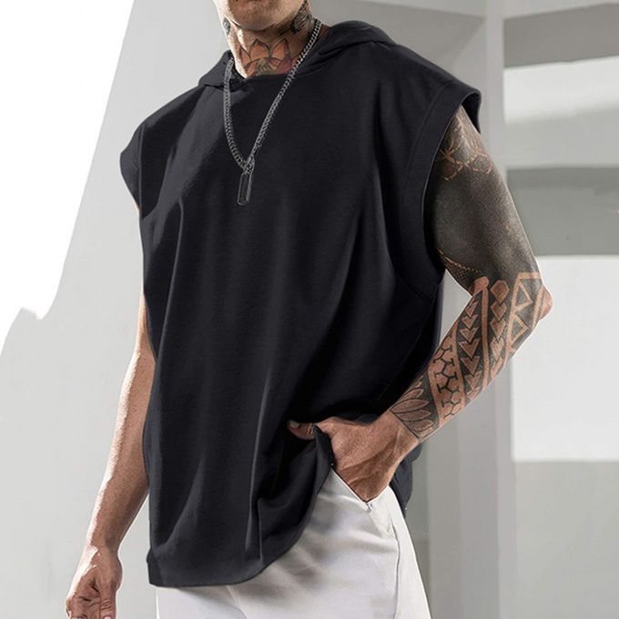 Men T-shirt Hooded Solid Color Summer Loose Sleeveless-White